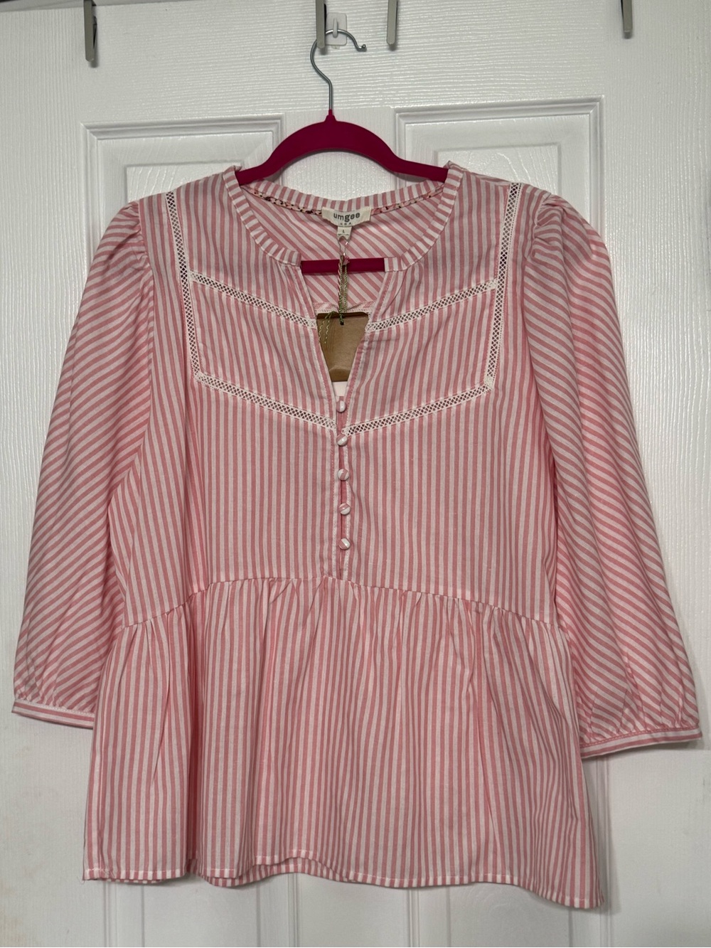 Umgee Pink and White Striped Peplum Tunic Top L